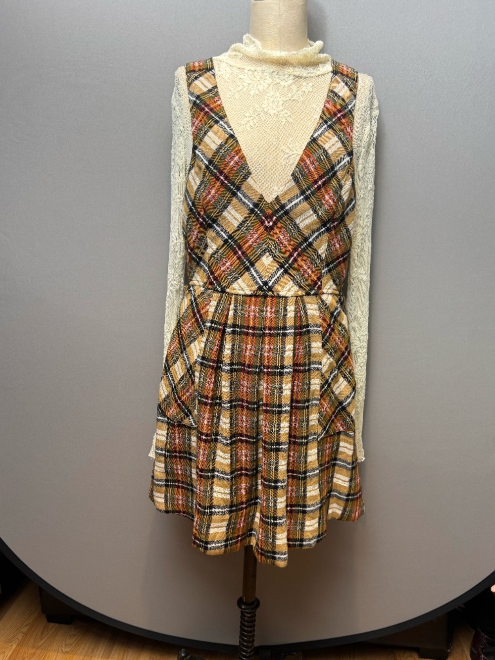 Free People "Killing Time" Plaid Tartan Mini Dress Pinafore Jumper Size M
